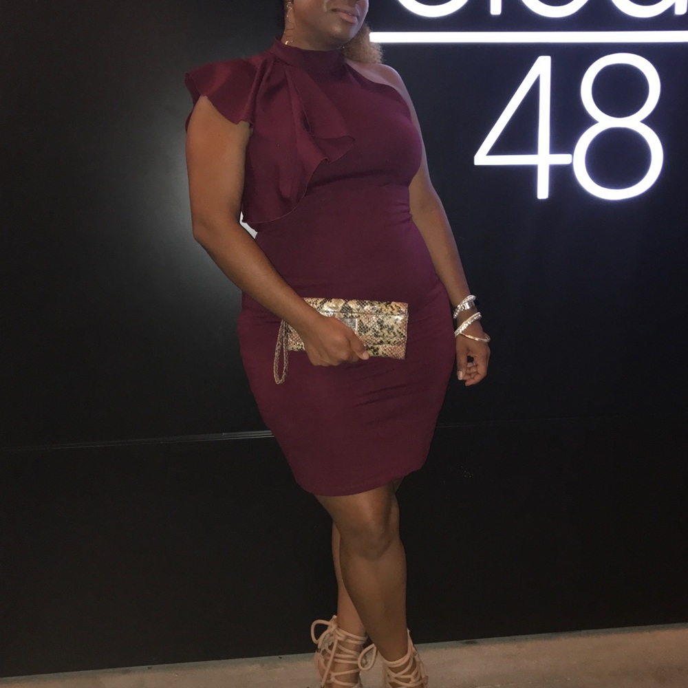 Burgundy open shoulder dress